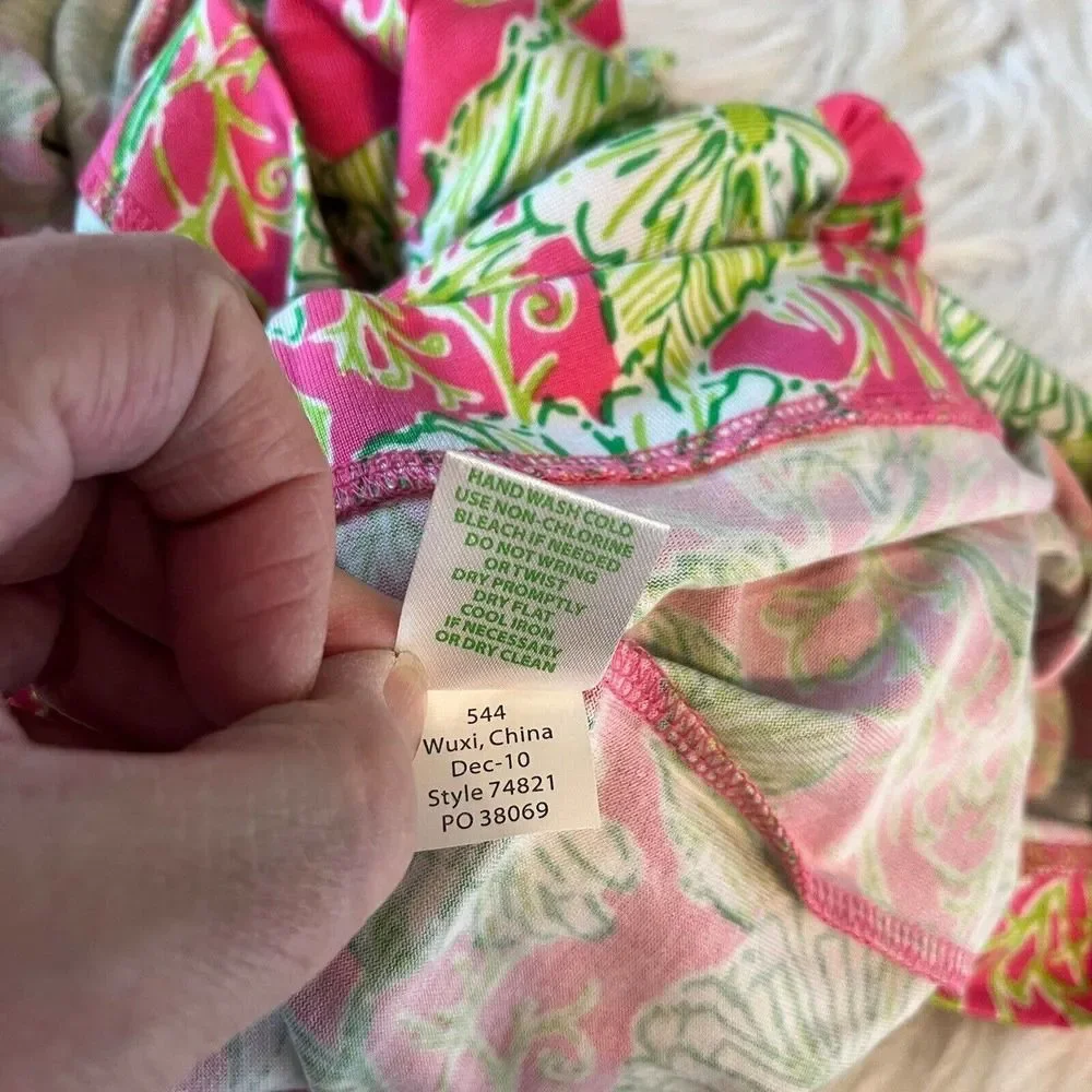 Lilly Pulitzer Clare Silk Blend Jersey Dress‎ Ruffle Pink Green Floral Size XS